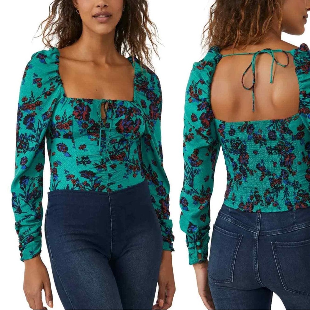 NWT Free People Hilary Print Keyhole Neck Top Green Floral Combo Medium